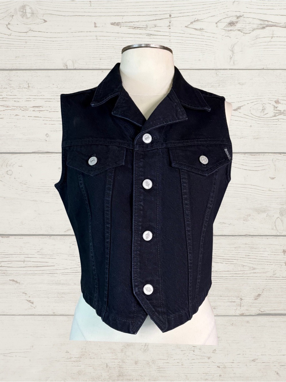 Vintage Bongo 90s Black Denim Cropped Vest Grunge Biker Jean Jacket Sz L